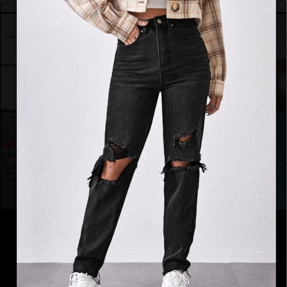 shein black high waisted ripped mom jeans